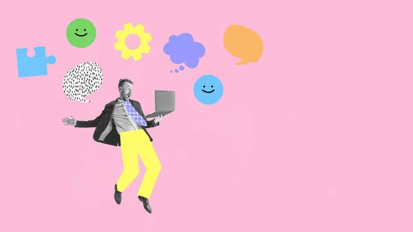 Excited stylish worker, businessman using laptop isolated on pink background with dust effect. Contemporary collage — ストック写真