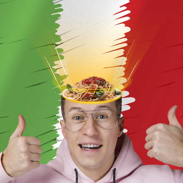 Emotional, excited young man with plate with delicious pasta isolated italian flag background. Concept of worldwide national cuisines — Zdjęcie stockowe