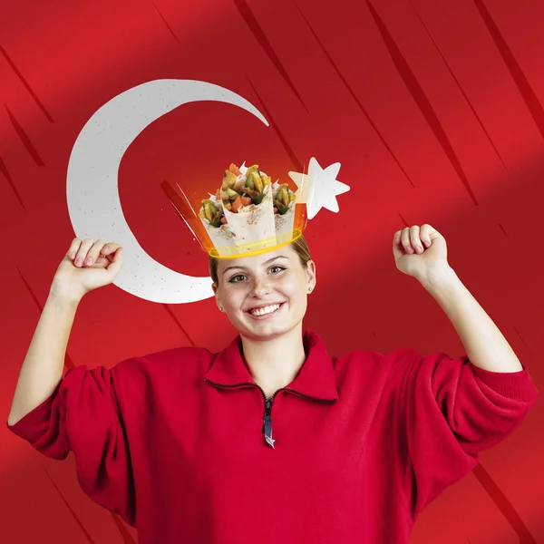 Emotive young girl with turkish food in her head, dreams isolated on turkish flag background. Contamporary art collage — Stockfoto