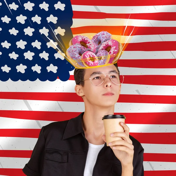Young man with delicious and glazed sweet donuts in his dreams isolated on american flag background. Concept of national cuisines, art collage — Stok fotoğraf