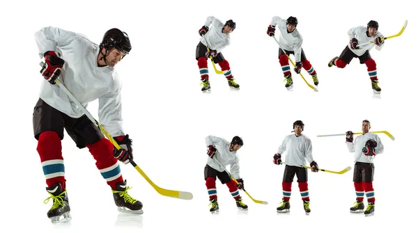 Set of images of strong, muscled man, hockey player wearing sportwear in motion isolated on white studio background. Concept of sport, activity — Fotografia de Stock