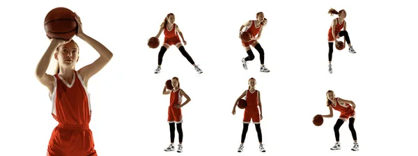 Development of movements. Collage made of images of little girl, basketball player with ball in motion, action isolated on white studio background. —  Fotos de Stock