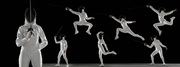 Development of movements in sport training. Young girl, fencer with sword training isolated over dark background. Set — ストック写真