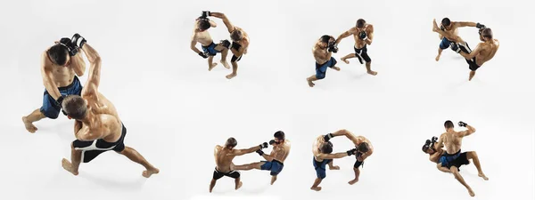 Development of movements in sport training. Set of images of two young sportive men, mma, thai boxers training isolated over white background. — стоковое фото