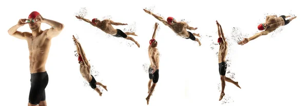 Sportive male swimmer in swimming cap and goggles in motion and action isolated on white background. Collage, set — Stok fotoğraf