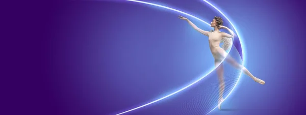 Bailarina de ballet elegante o bailarina clásica bailando aislada sobre fondo azul oscuro en neón con líneas luminiscentes, formas. Danza, gracia, arte contemporáneo. — Foto de Stock
