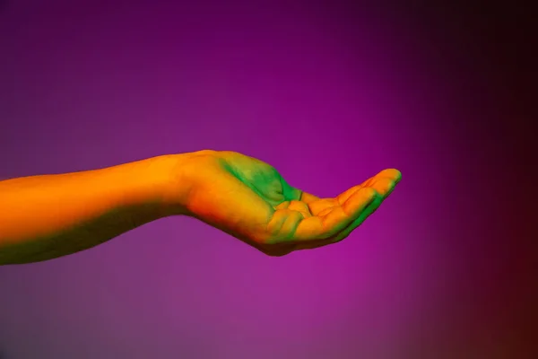 Estudio plano de mano humana aeténica aislada sobre fondo de estudio púrpura en luz de neón. Concepto de relación humana, comunidad, unidad — Foto de Stock