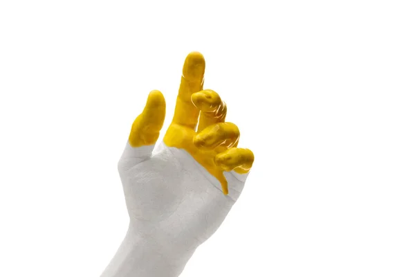 Пофарбована людська рука, яка просить допомоги ізольована на білому фоні студії. Концепція людських відносин, громади, соціальних питань — стокове фото