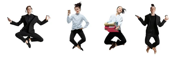 Delighted kantoormedewerkers dragen zakelijke stijl kleding zittend in lotus positie op witte achtergrond. Creatieve collage. — Stockfoto