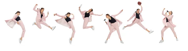 Conjunto de animado, menina alegre, dança trabalhador de escritório, cantando em roupas de estilo de negócios em branco. Negócios, espaço aberto de trabalho, movimento e conceito de ação. Colagem criativa. — Fotografia de Stock