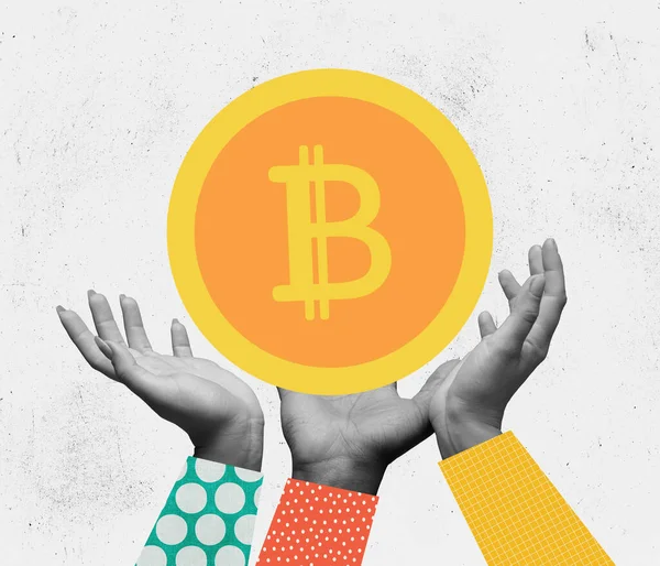 Kryptovaluta. Modern design, samtida konstcollage. Inspiration, idé, trendig urban tidningsstil. Mänskliga händer och bitcoin — Stockfoto