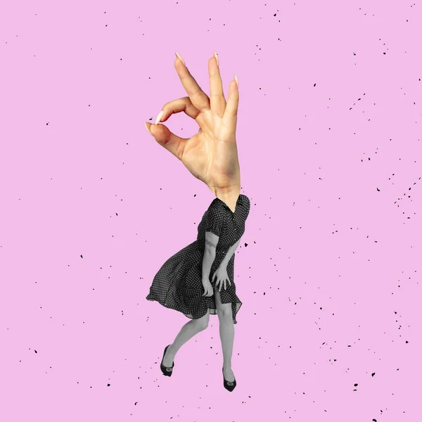 Design moderno, colagem de arte contemporânea. Inspiração, ideia, estilo de revista urbana na moda. Menina encabeçada com a mão dançando no fundo rosa — Fotografia de Stock