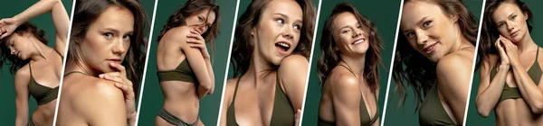 Set di ritratti di giovane bella abbronzata donna sorridente in biancheria intima verde isolato su sfondo studio verde scuro. Bellezza naturale — Foto Stock