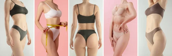 Zestaw przyciętych obrazów sportowych ciał, brzucha i bottoków młodych kobiet odizolowanych na różowo-białym tle pracowni. Naturalna koncepcja piękna — Zdjęcie stockowe