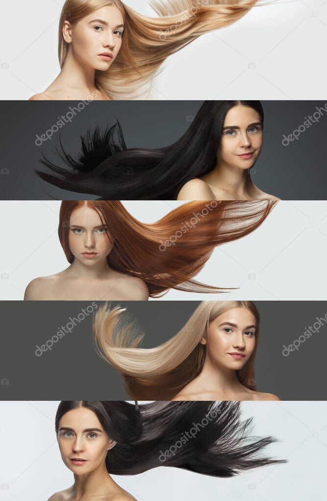Wings. Set of beautiful models with long smooth, flying hair isolated on white and black studio background. Concept of salon care, beauty, fashion.