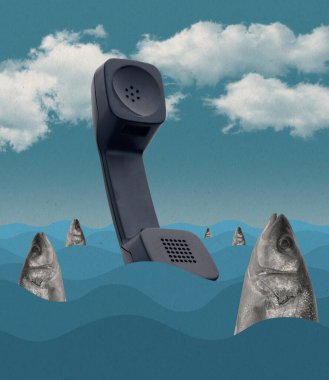 Contemporary art collage. Inspiration, idea, trendy urban magazine style. Surrealism. Big retro phone in sea filled with fish.