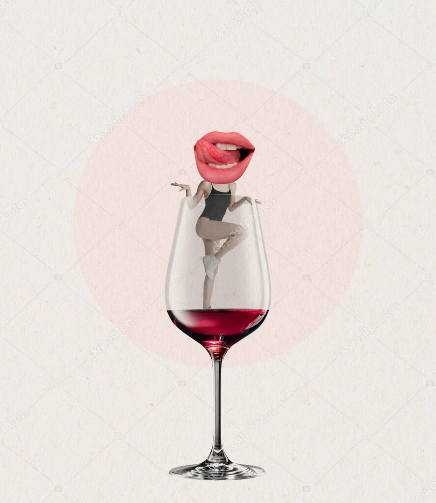 Contemporary art collage, modern design. Party mood. Young slim girl into red wine glass isolated on white background. Surrealism