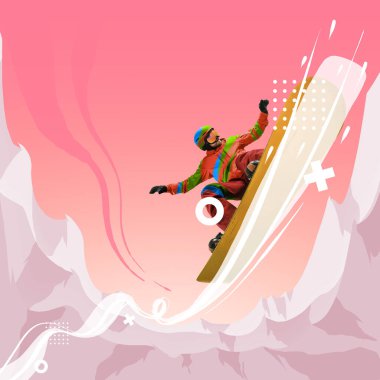 Çağdaş sanat kolajı. Yaratıcı sanat eserleri. Profesyonel sporcu, snowboard sporcusu, snowboard sporcusu..