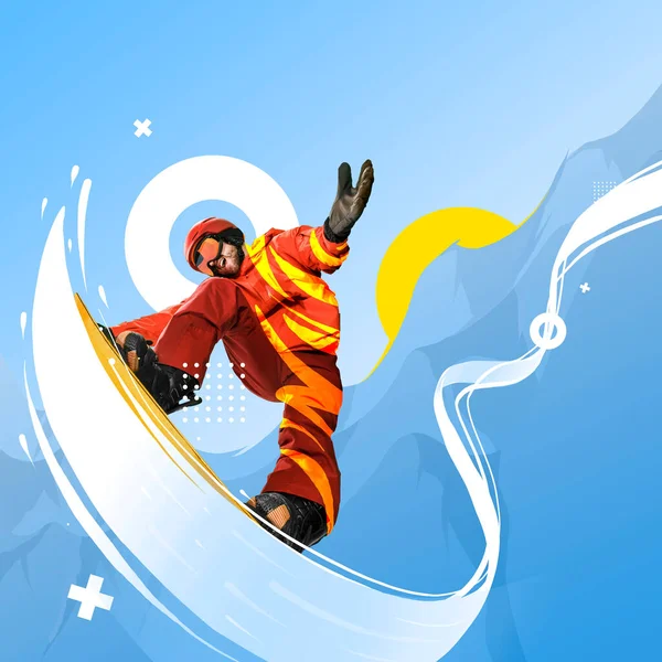 Contemporary art collage. Creative artwork. Professional sportsman, snowboarder in sportswear snowboarding isolated bright background. — Stock Photo, Image