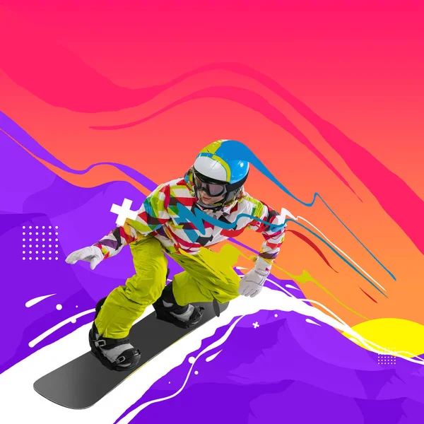 Επαγγελματική γυναίκα αθλήτρια, snowboarder σε αθλητικά είδη snowboarding απομονωμένο φωτεινό υπόβαθρο. Κολάζ σύγχρονης τέχνης. Δημιουργικό έργο τέχνης. — Φωτογραφία Αρχείου