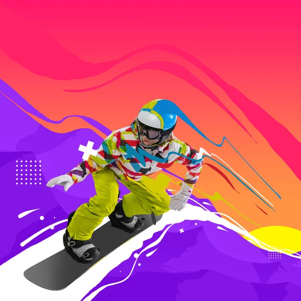 Sportivo professionista femminile, snowboarder in abbigliamento sportivo snowboard isolato sfondo luminoso. Collage d'arte contemporanea. Opera d'arte creativa. — Foto Stock