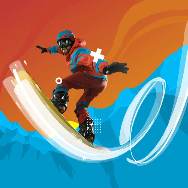 Contemporary art collage. Creative artwork. Professional sportsman, snowboarder in sportswear snowboarding isolated bright background. — Stock Photo, Image