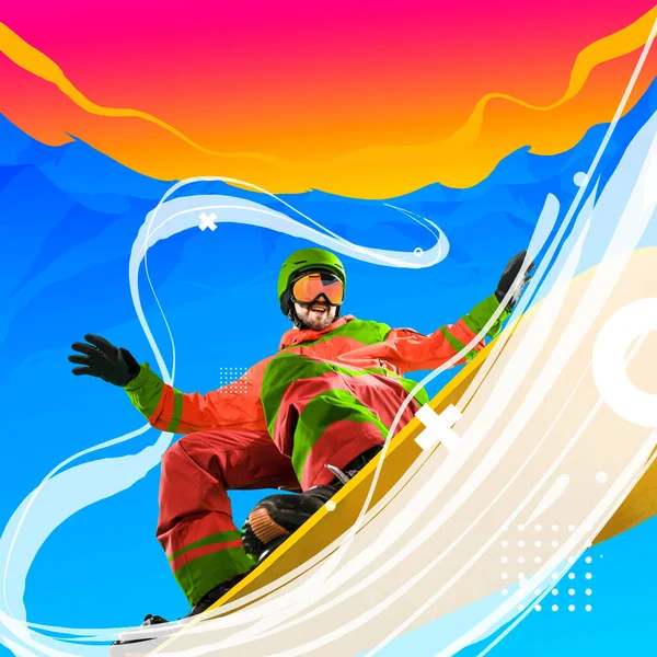 Collage d'art contemporain. Création artistique. Sportif professionnel, snowboardeur en vêtements de sport snowboard isolé fond lumineux. — Photo