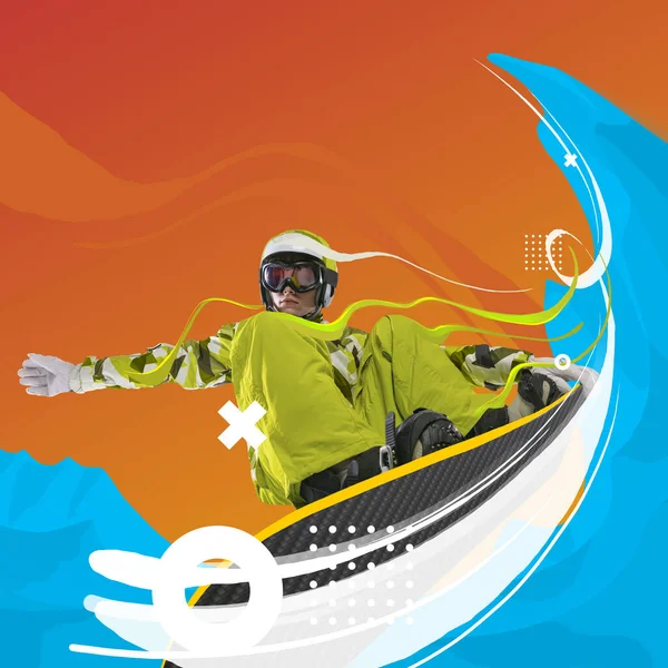 Sportivo professionista femminile, snowboarder in abbigliamento sportivo snowboard isolato sfondo luminoso. Collage d'arte contemporanea. Opera d'arte creativa. — Foto Stock