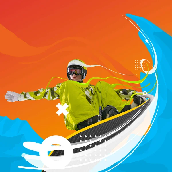 Professional female sportsman, snowboarder in sportswear snowboarding isolated bright background. Contemporary art collage. Creative artwork.