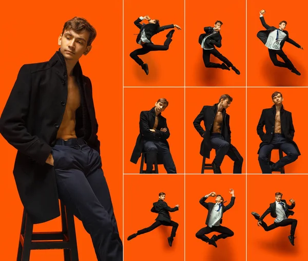 오렌지 색 배경에 고립된 채 사업 복을 입고 연습하고 있는 한 남자 발레 무용가의 놀라운 공연을 그린 그림들. — 스톡 사진