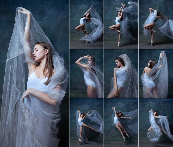Conjunto de retratos de dançarina de balé graciosa jovem, bailarina dançando isolado no fundo do estúdio azul. — Fotografia de Stock