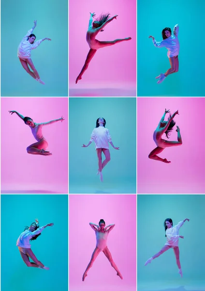 Collage di immagini di giovane e grazioso ballerino isolato su sfondo rosa-blu studio in luce al neon. — Foto Stock