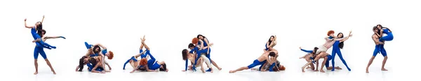 Gruppe moderner Tänzer, Kunst Contest Dance, blau-weiße Kombination von Emotionen. Mode und Schönheit, Kunstkonzept. — Stockfoto