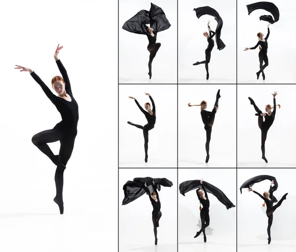 Desarrollo de movimientos de una hermosa bailarina bailando aislada sobre fondo blanco. Concepto de arte, teatro, belleza y creatividad — Foto de Stock