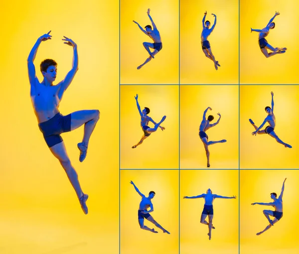 Genç ve zarif balerin pembe stüdyo arka planında neon ışıkta izole edilmiş. Sanat, hareket, eylem, esneklik, ilham kavramı. — Stok fotoğraf