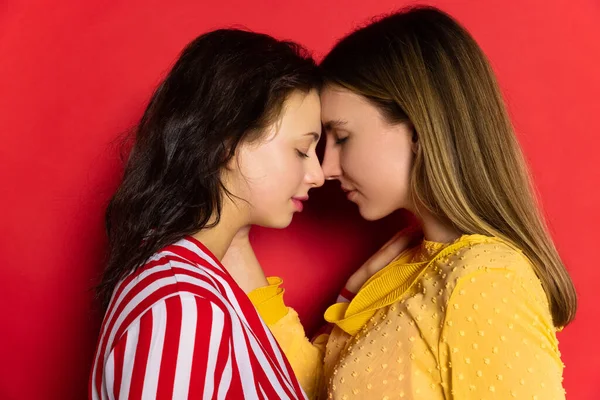 Portrait of two young happy girls isolated on red background. Valentines day celebration. Concept of emotions, love, relations, romantic holidays. — Stock Photo, Image