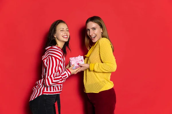 Deux jeunes filles gaies tenant boîte cadeau isolé sur fond rouge. Fête de la Saint-Valentin. Concept d'émotions, amour, relations, vacances romantiques. — Photo