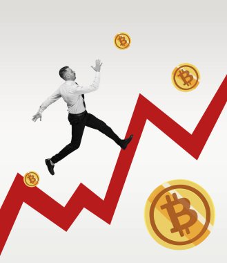 Genç adam, iş adamı kripto para birimi büyüme tablosu üzerinde çalışıyor. Maliye, ekonomi, mesleki meslek, iş ve kariyer kavramı.