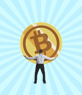 Genç işadamı, çalışan, borsacı elinde mavi arka planda bitcoin işareti olan büyük bir para tutuyor. Çağdaş sanat kolajı