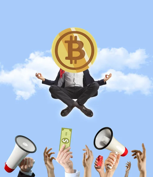Empresario, corredor de bolsa sentado en posición de loto con moneda con signo de bitcoin en lugar de la cabeza en el fondo del cielo. collage de arte contemporáneo —  Fotos de Stock