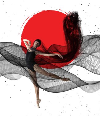Şeffaf kumaşla dans eden genç ve tapılası Japon balerinin portresi, beyaz arka planda izole edilmiş siyah örümcek ağı. Kolaj