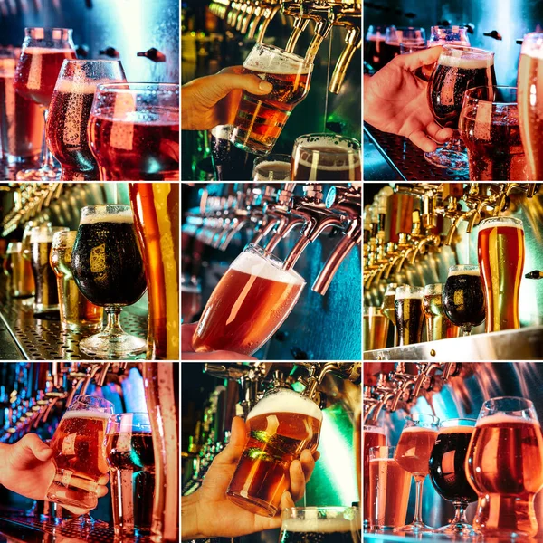 Colagem. Óculos de cerveja escura e leve, cerveja, cerveja, cerveja, cerveja forte, porteiro em luz de néon moderna e brilhante com máquina de despejar no fundo. — Fotografia de Stock