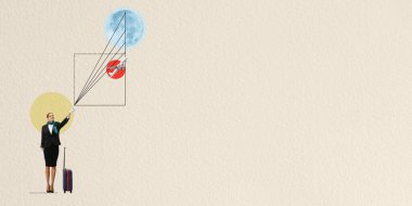 Genç bir kızla uçan uçak, hostes başka bir gezegene uçmaya hazırlanıyor. Modern tasarım, çağdaş sanat kolajı.