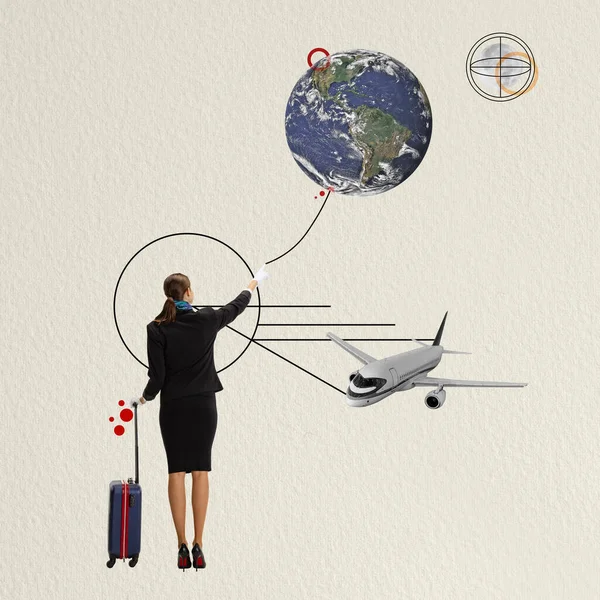 Contemporary art collage with young girl, stewardess getting ready to fly on new routes. Modern design,