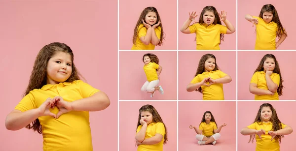 Ensemble d'images de petite fille, mignon enfant en t-shirt jaune isolé sur fond rose. Éducation, émotions, expression faciale et concept d'enfance. — Photo