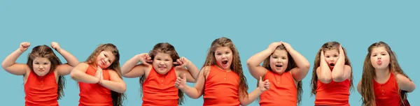 Conjunto de imagens de menina emocional, garoto bonito isolado no fundo de luz. Educação, emoções, expressão facial e conceito de infância. — Fotografia de Stock