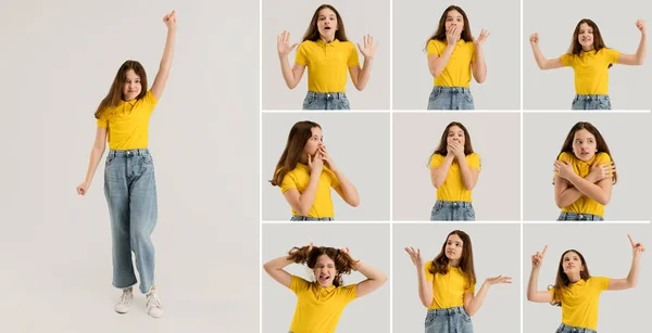 Beelden van een klein kind, schoolmeisje geïsoleerd op een grijze studio achtergrond. Onderwijs, emoties, gezichtsuitdrukking en jeugdconcept. — Stockfoto