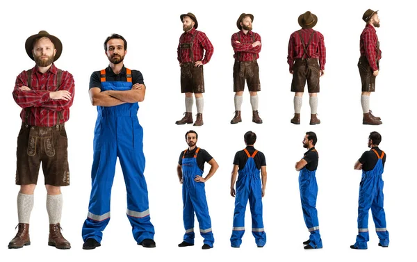 Profile, front and back view of men, auto mechanic in dungarees and waiter standing isolated on white background. Concept of labor, occupation — Stock Photo, Image