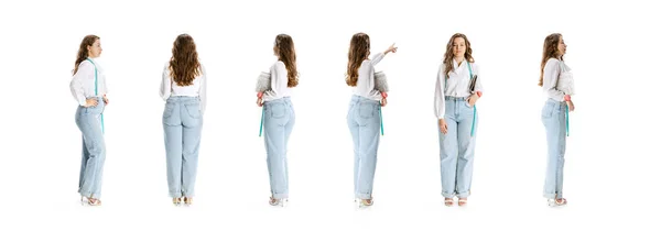Kolaż wykonany z wizerunków młodej dziewczyny noszącej luźne ubrania w stylu stojącym na białym tle. Profil, widok z przodu i z tyłu. — Zdjęcie stockowe