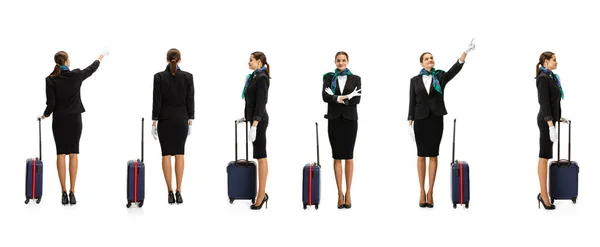Κολάζ με νεαρή κοπέλα, αεροσυνοδός στέκεται με βαλίτσα απομονωμένη σε λευκό φόντο. Προφίλ, εμπρός και πίσω όψη. — Φωτογραφία Αρχείου